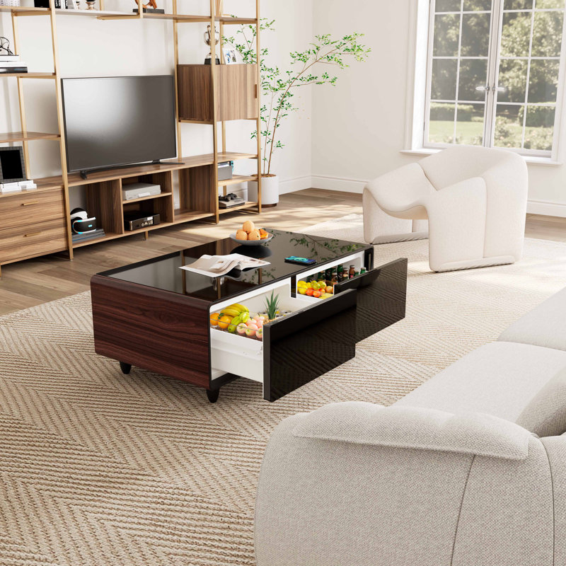 Biedel Smart Coffee Table with Fridge and Built in Wireless Charging Orren Ellis Table Base Color Walnut